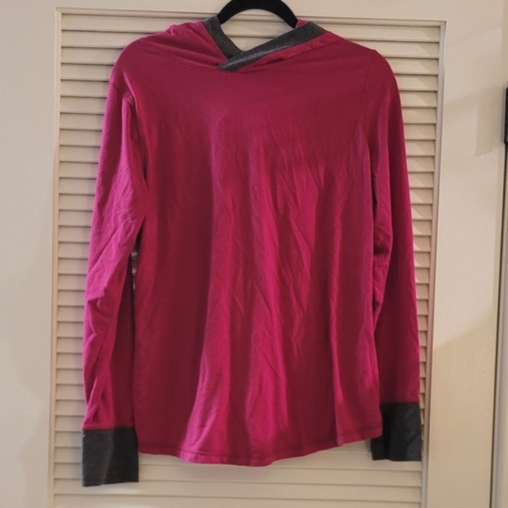 Xersion- Pink & Grey Long-Sleeved Hoodie Top With Thumb Holes